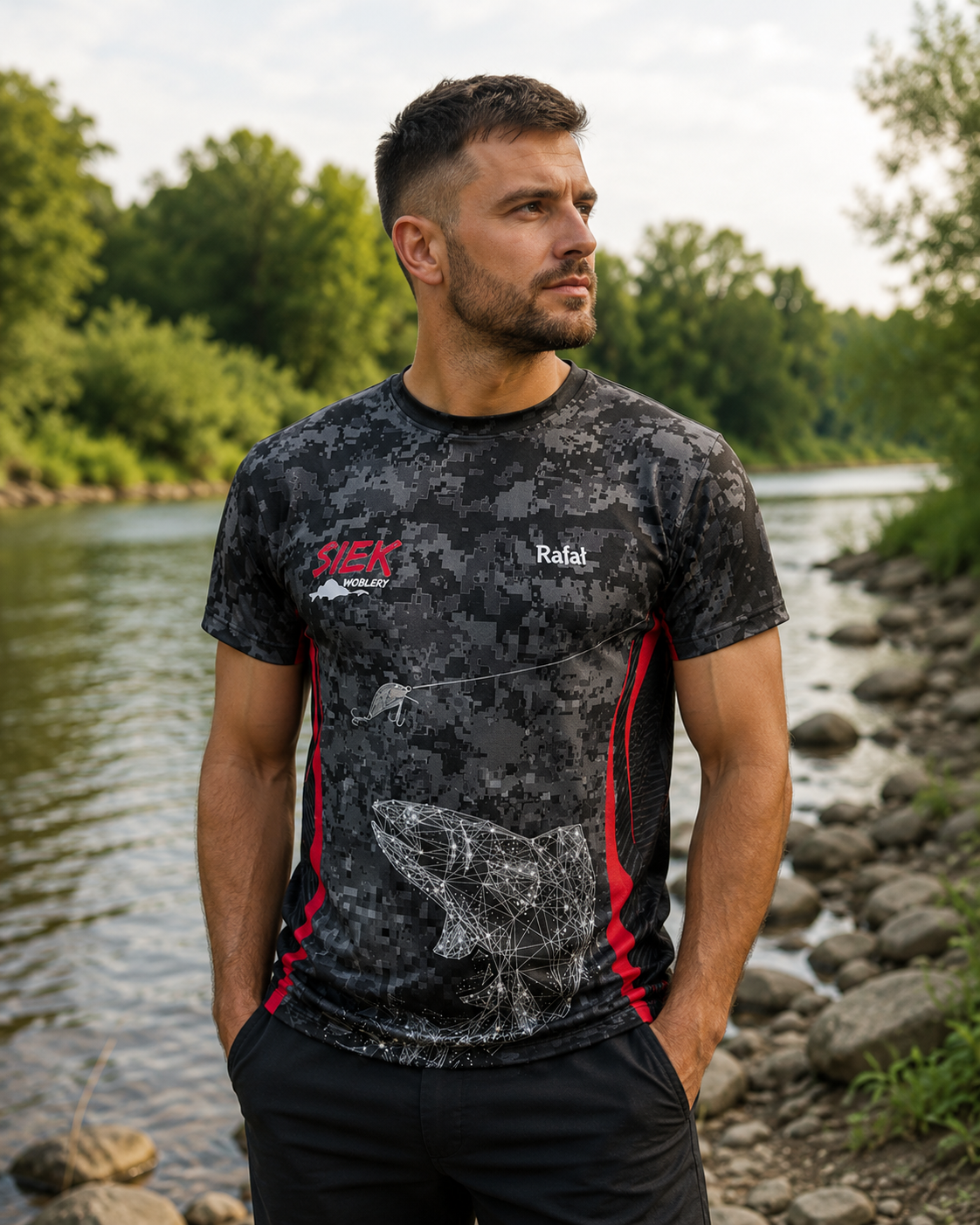 Pstrąg T-shirt Męski Wędkarski Czarny Siek Z Motywem Pstrąga