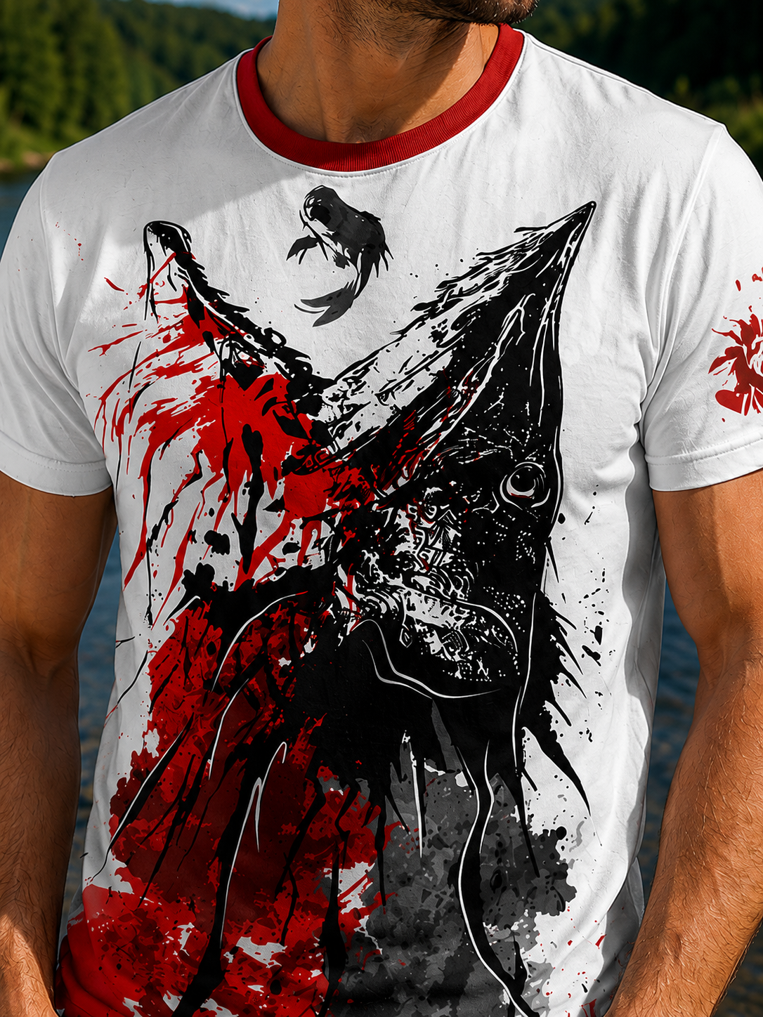 T-shirt Wędkarski z motywem szczupaka czerwony