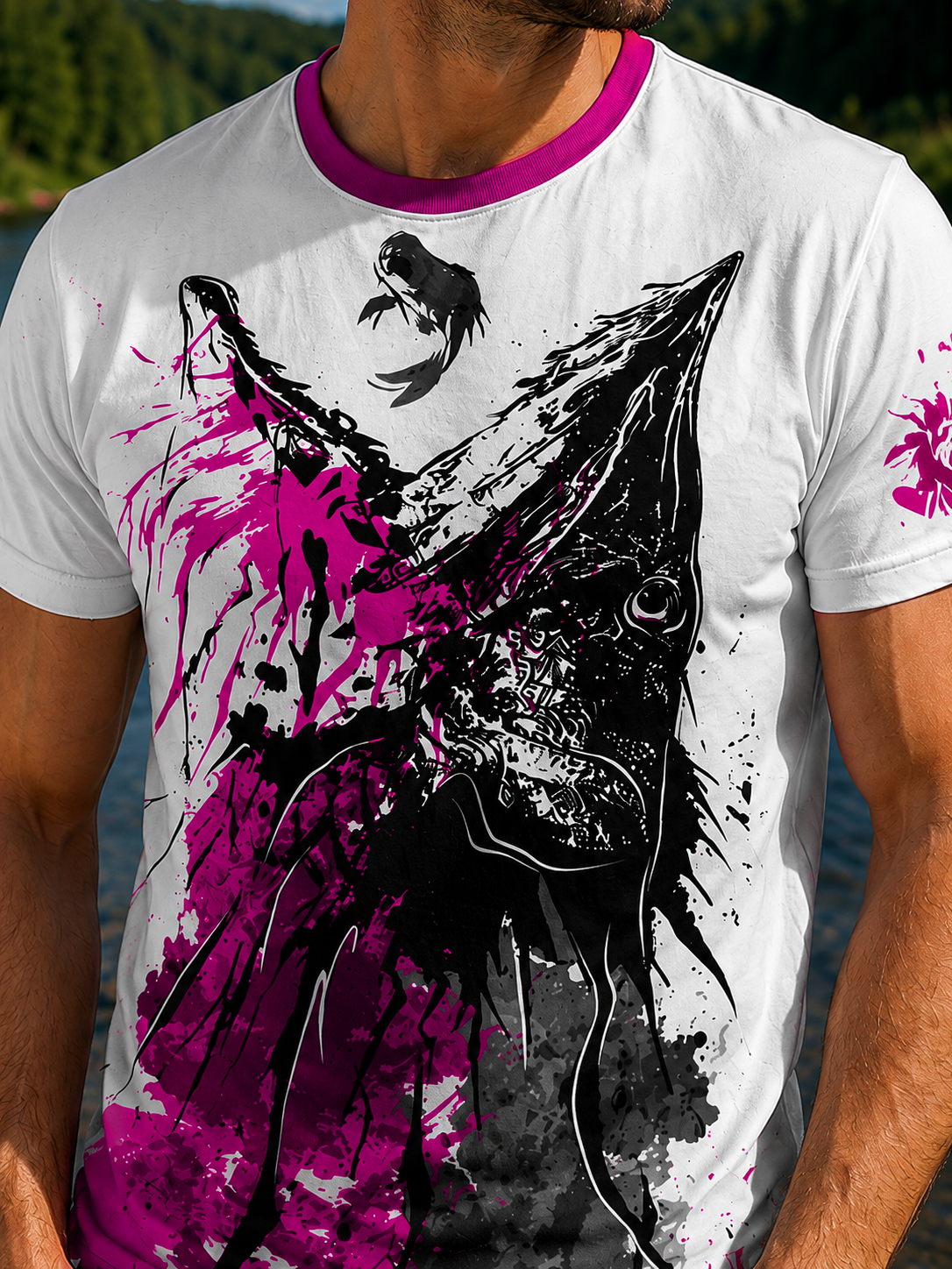 T-shirt Wędkarski z motywem szczupaka różowy