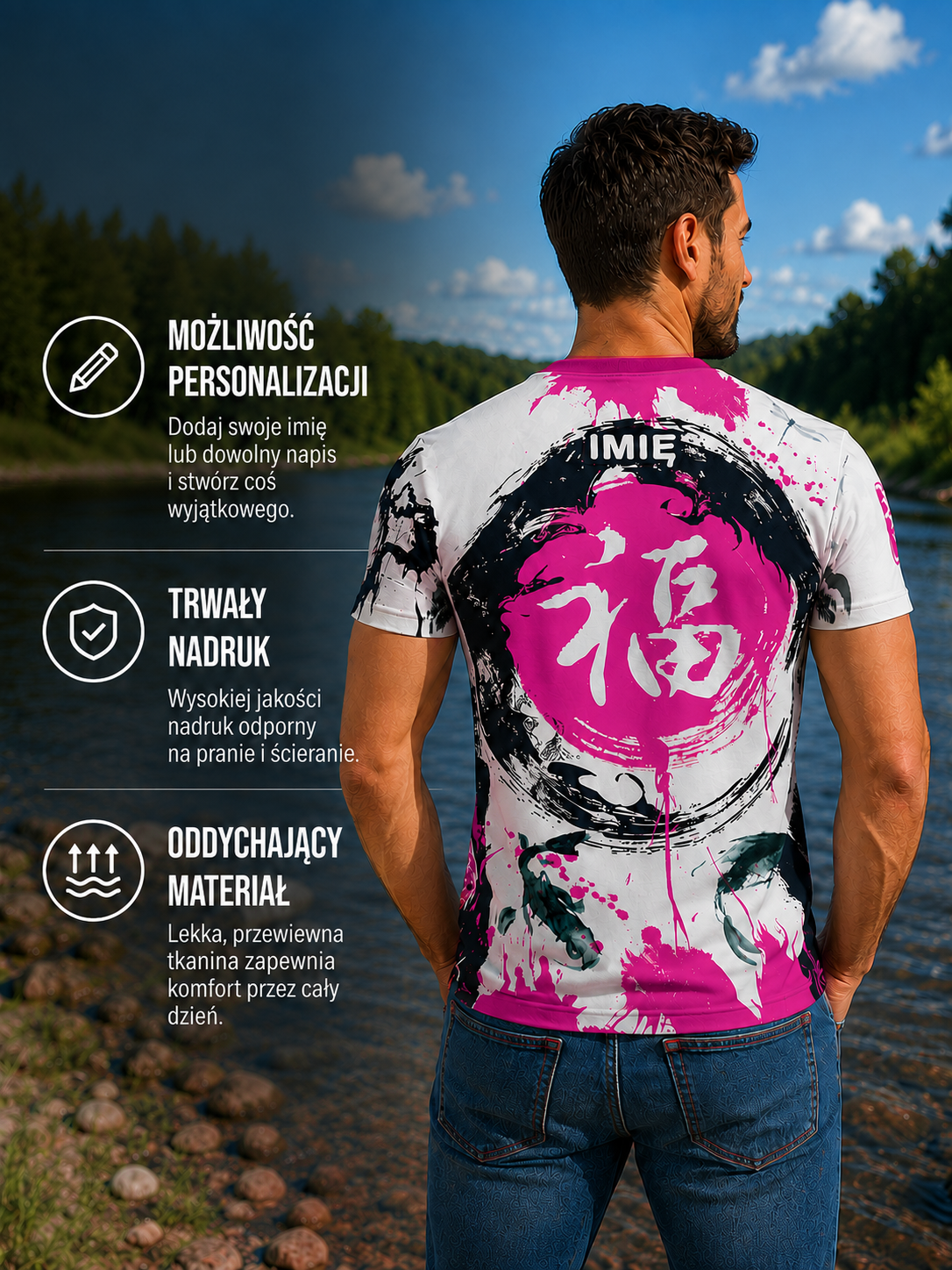 T-shirt Wędkarski z motywem szczupaka różowy