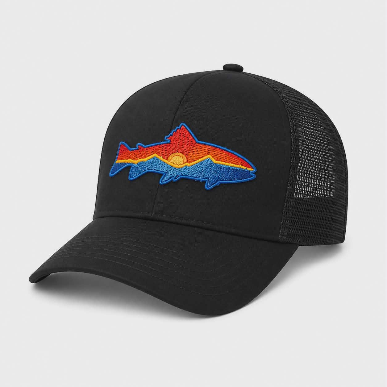 Czapka Snapback Trucker Czarna Z Haftem Z Motywem Wędkarskim Pstrąg 5-panelowa z daszkiem One Size