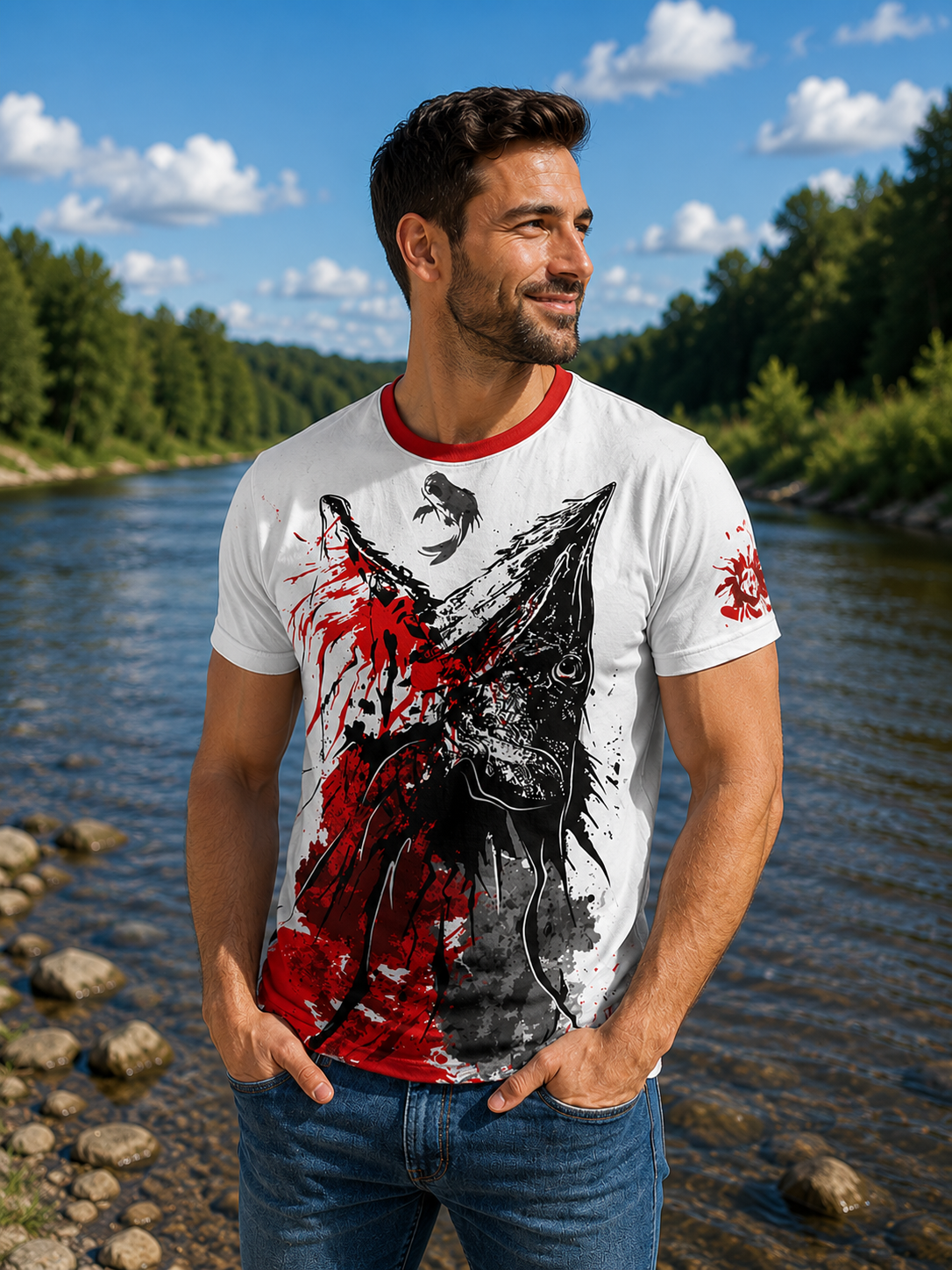 T-shirt Wędkarski z motywem szczupaka czerwony