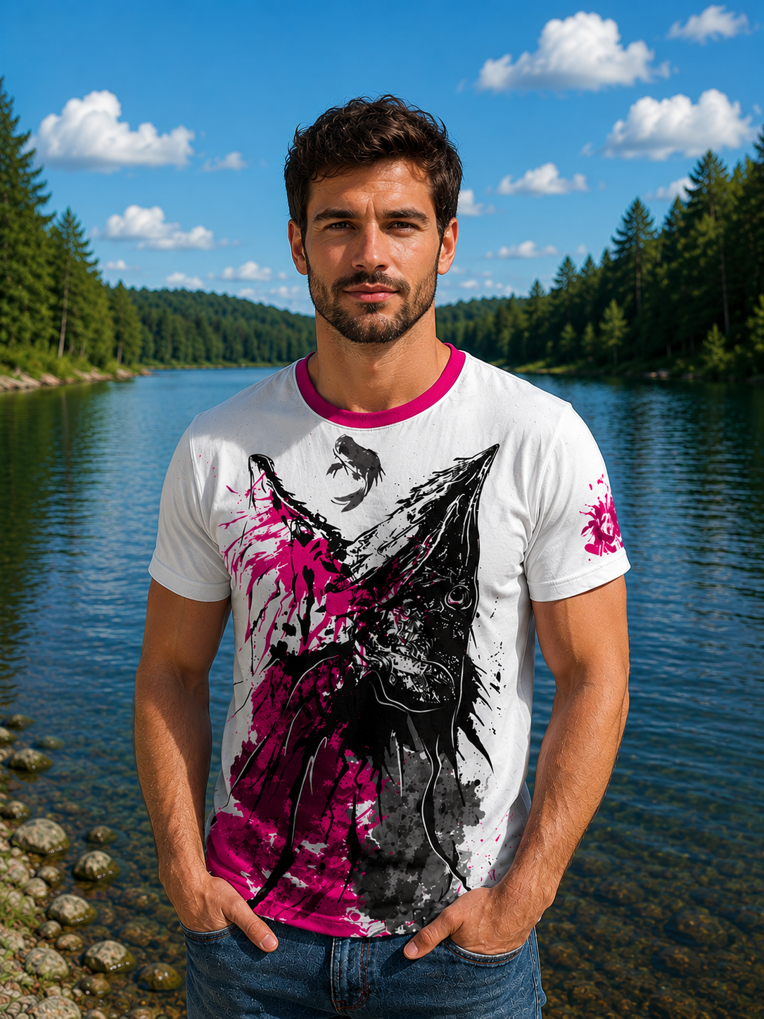 T-shirt Wędkarski z motywem szczupaka różowy