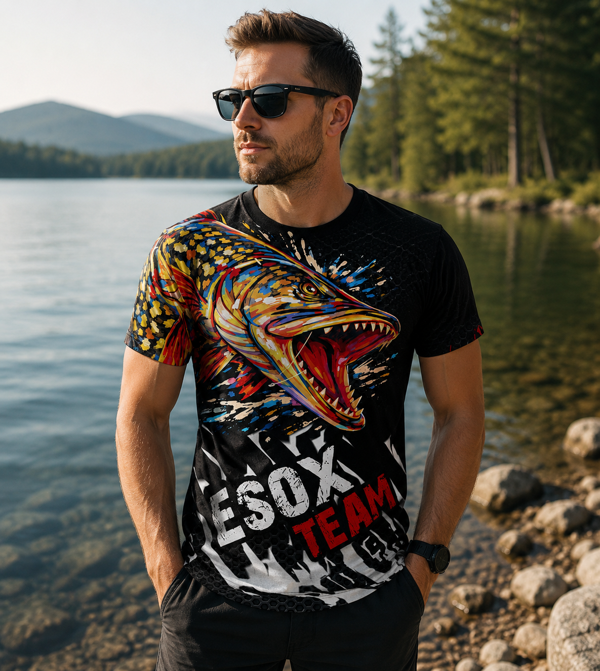 Koszulka wędkarska z krótkim rękawem z motywem szczupaka Esox Team